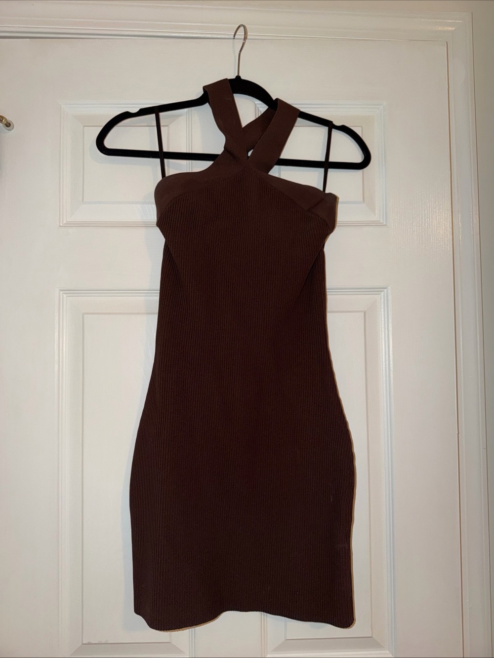 Babaton Ribbed Sleeveless Halter Top in Chocolate Brown